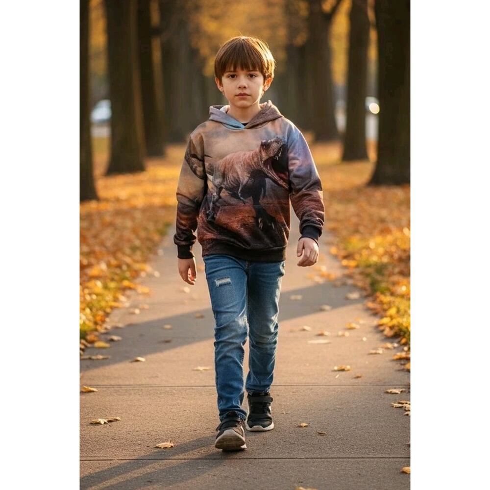 Toddler Boy's T REX Dinosaur Hoodie Pockets Sweatshirt Back Front Print Size 4T
